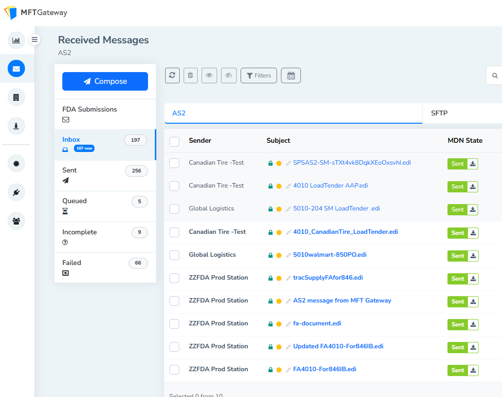 MFT Gateway Received Messages