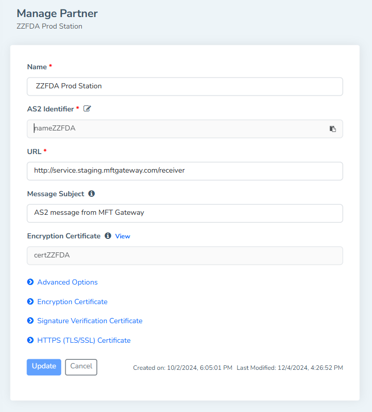 MFT Gateway - Manage AS2 Partners